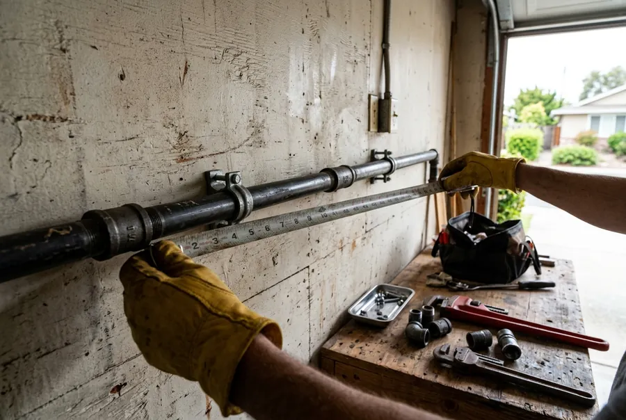 A plumber's hand holding a tape measure along a black iron gas pipe in a home's garage while planning a new gas line route