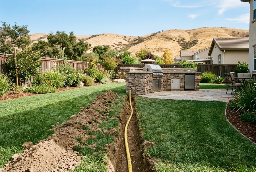 A narrow trench across a backyard lawn in a California suburb with a yellow-coated gas pipe laid in it, running toward an outdoor BBQ island