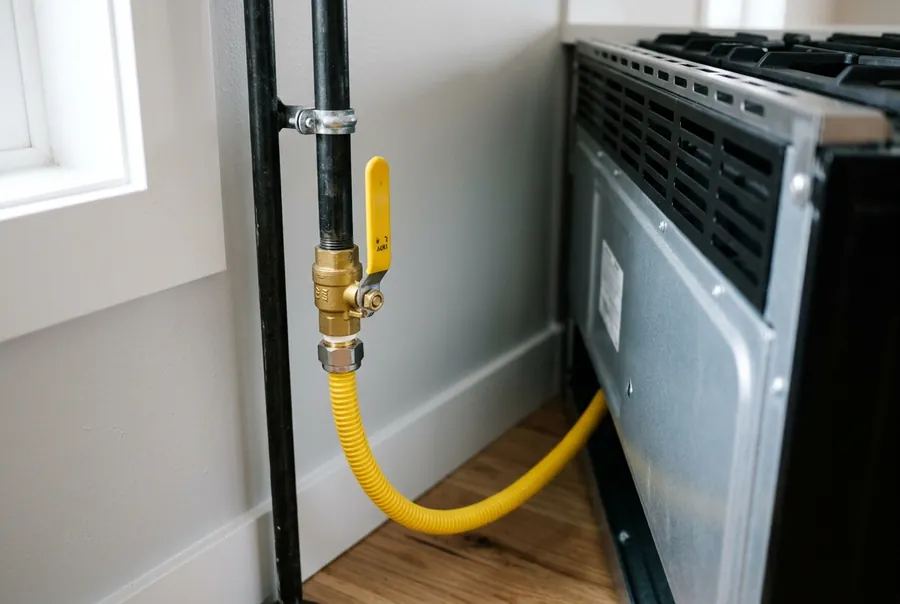 A yellow-handled gas shutoff valve on a gas supply line behind a kitchen range, with the appliance pulled slightly away from the wall