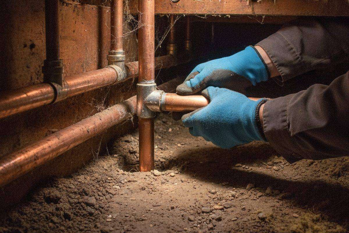 A plumber's gloved hands fitting a new copper section into a pipe in an open crawl space under a home