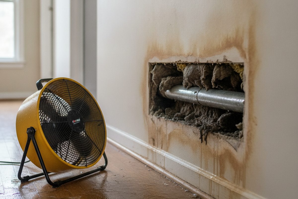 Water-stained drywall at the base of a hallway wall with a section cut away to expose a damp pipe behind it