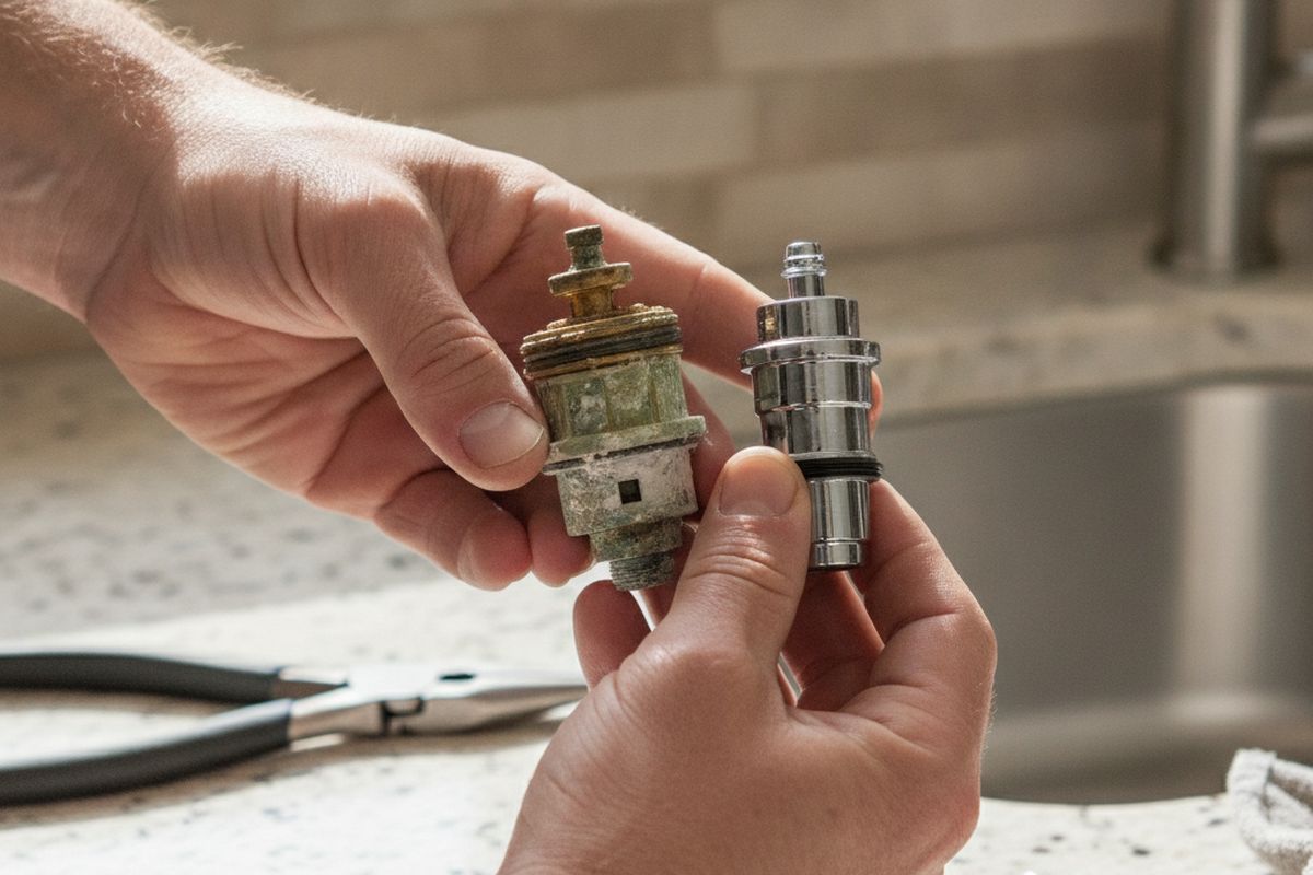 A plumber's hands holding a worn single-handle faucet cartridge next to a new replacement cartridge on a kitchen counter