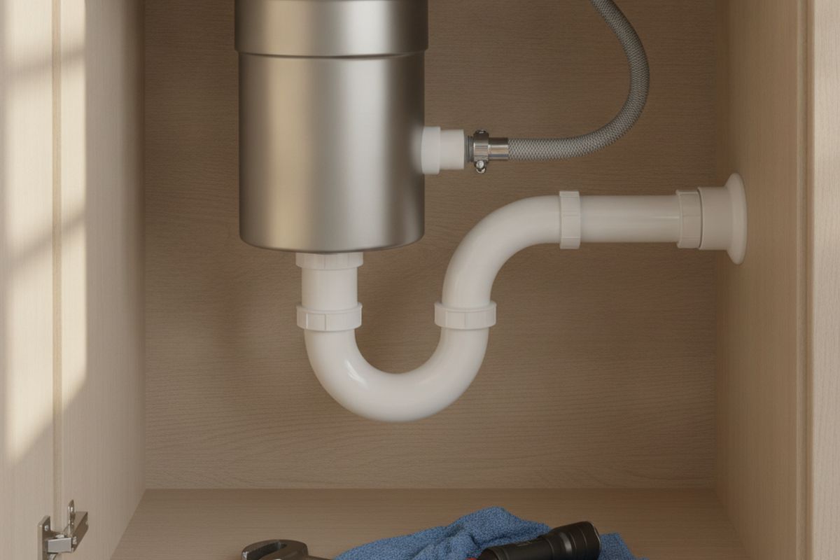 Newly installed garbage disposal under a kitchen sink with drain and dishwasher hose connected