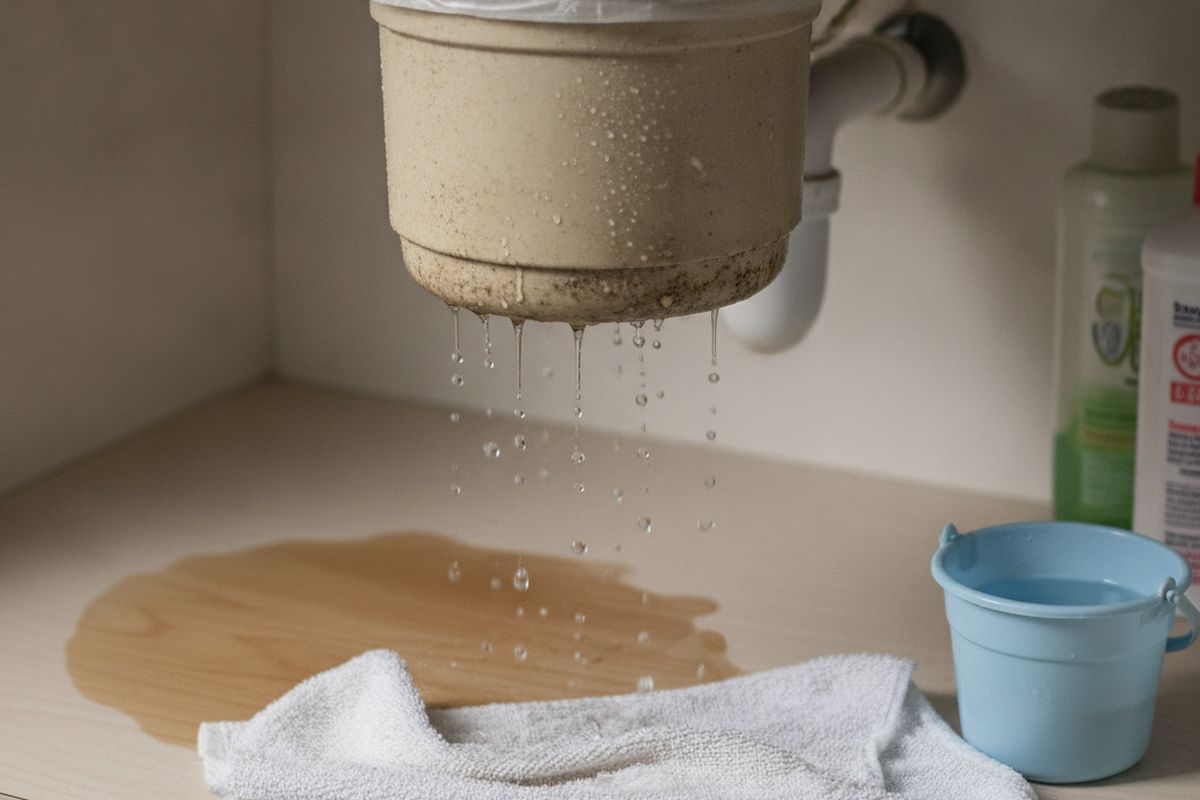 Water dripping from the bottom of a leaking garbage disposal onto a towel in a sink cabinet