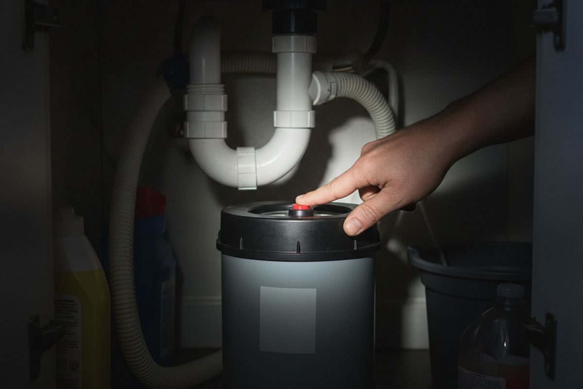 Hand pressing the red reset button on a garbage disposal under a kitchen sink