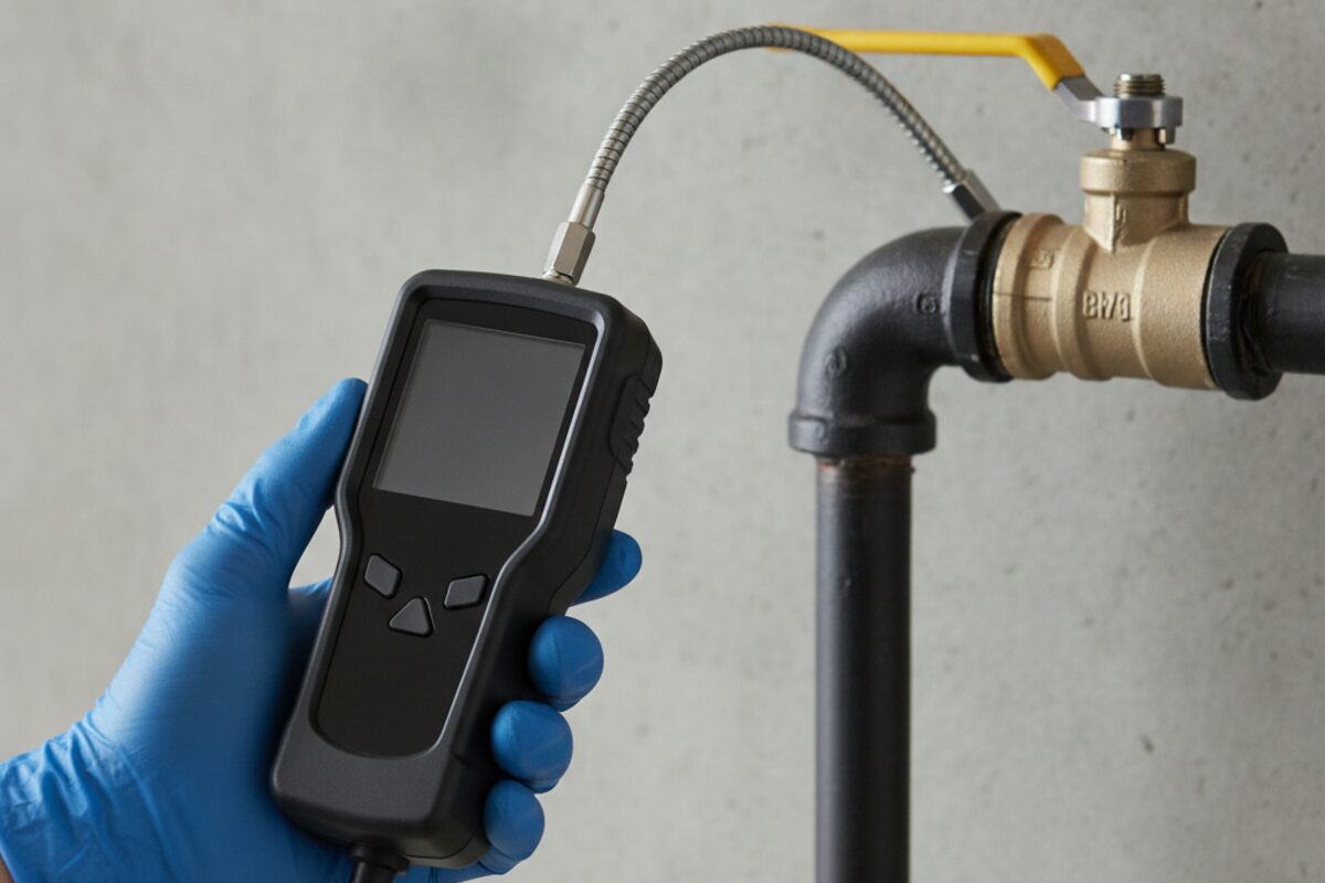 Gas pipe fitting being checked with a handheld gas detector