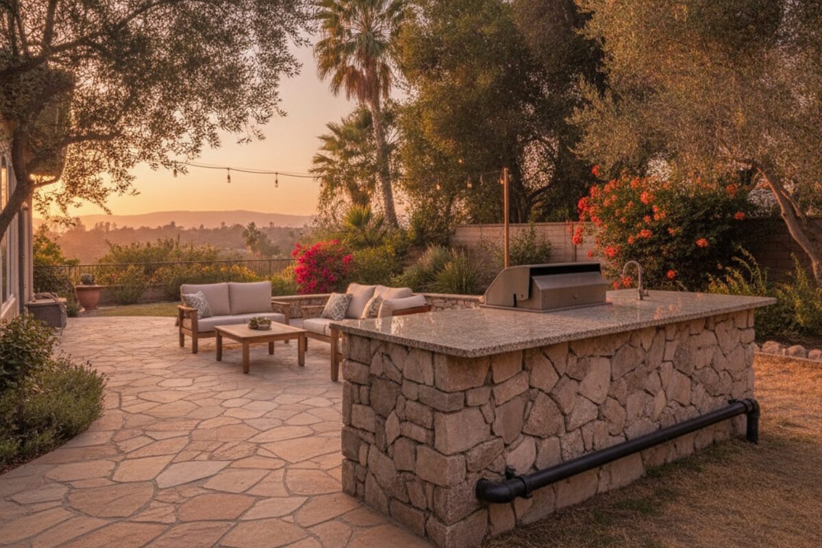Outdoor gas line running along a backyard patio to a built-in barbecue