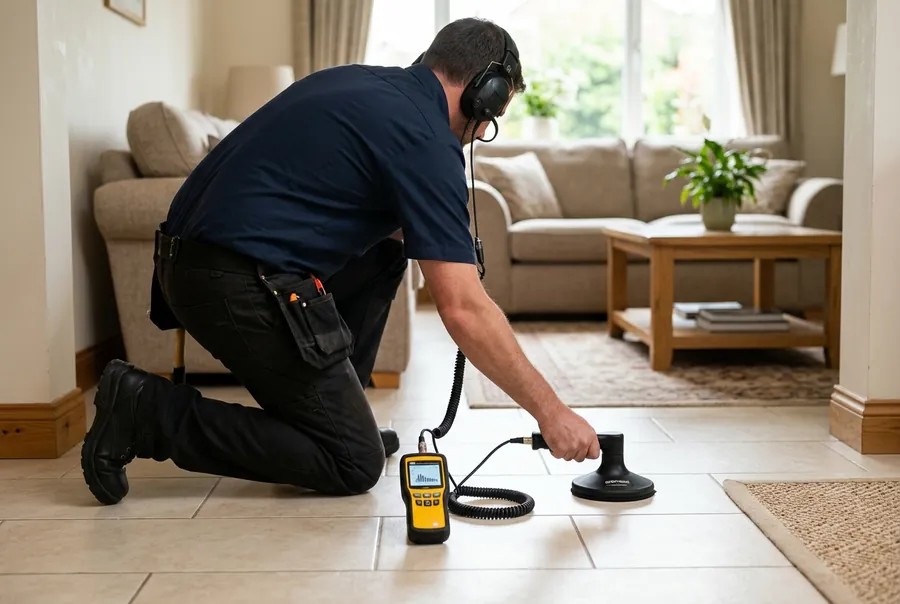A plumber kneeling on a tiled living room floor with an acoustic leak detection headset and ground microphone, listening for a leak under the concrete slab