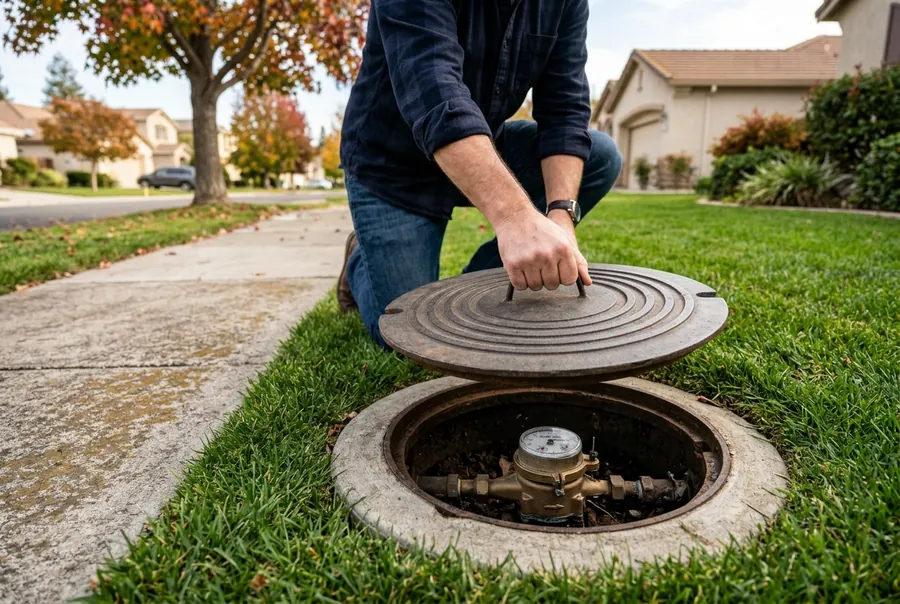 A homeowner's hand lifting the cover of a residential water meter box in a front lawn to check the dial for a hidden leak