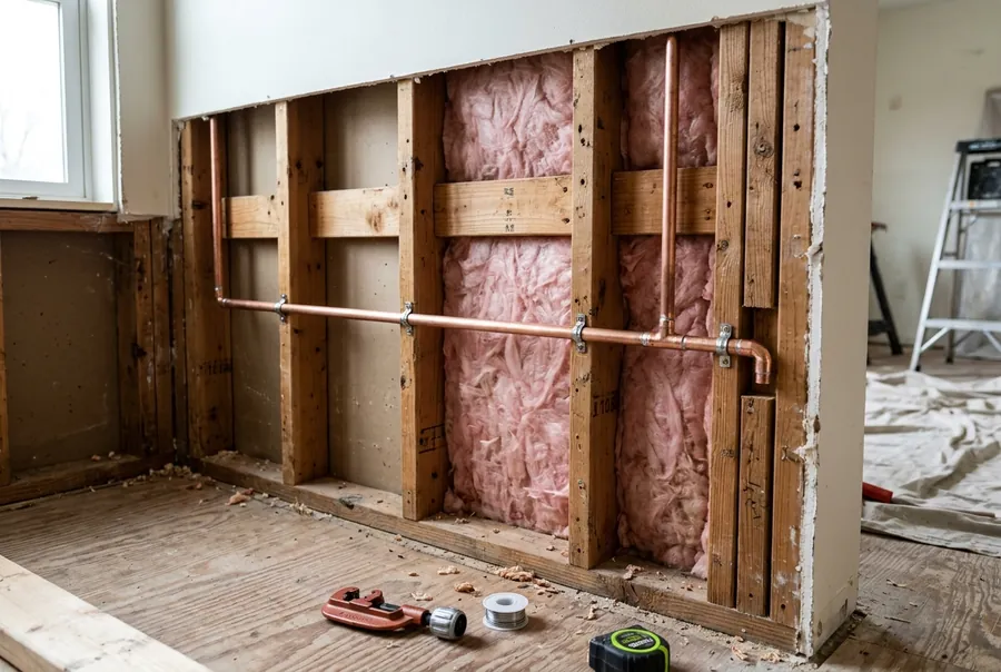 A section of new water pipe running along open wall studs inside a home, rerouted above the floor to bypass a leaking line under the concrete slab