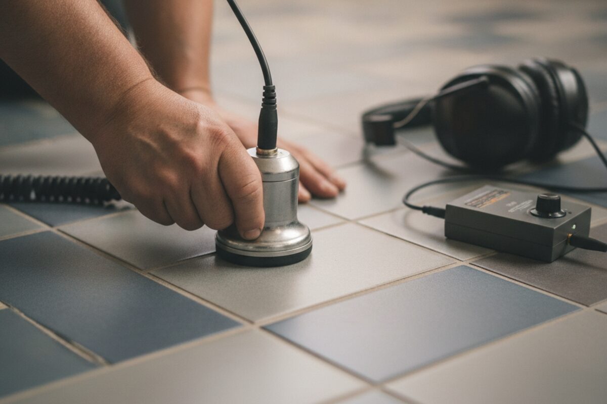 Plumber using acoustic leak detection equipment on a tiled floor to locate a leak under concrete