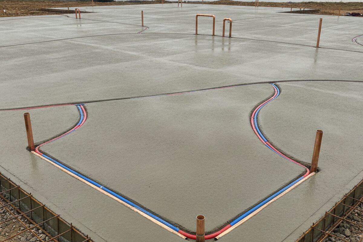 Concrete slab foundation of a home with water supply lines routed beneath it