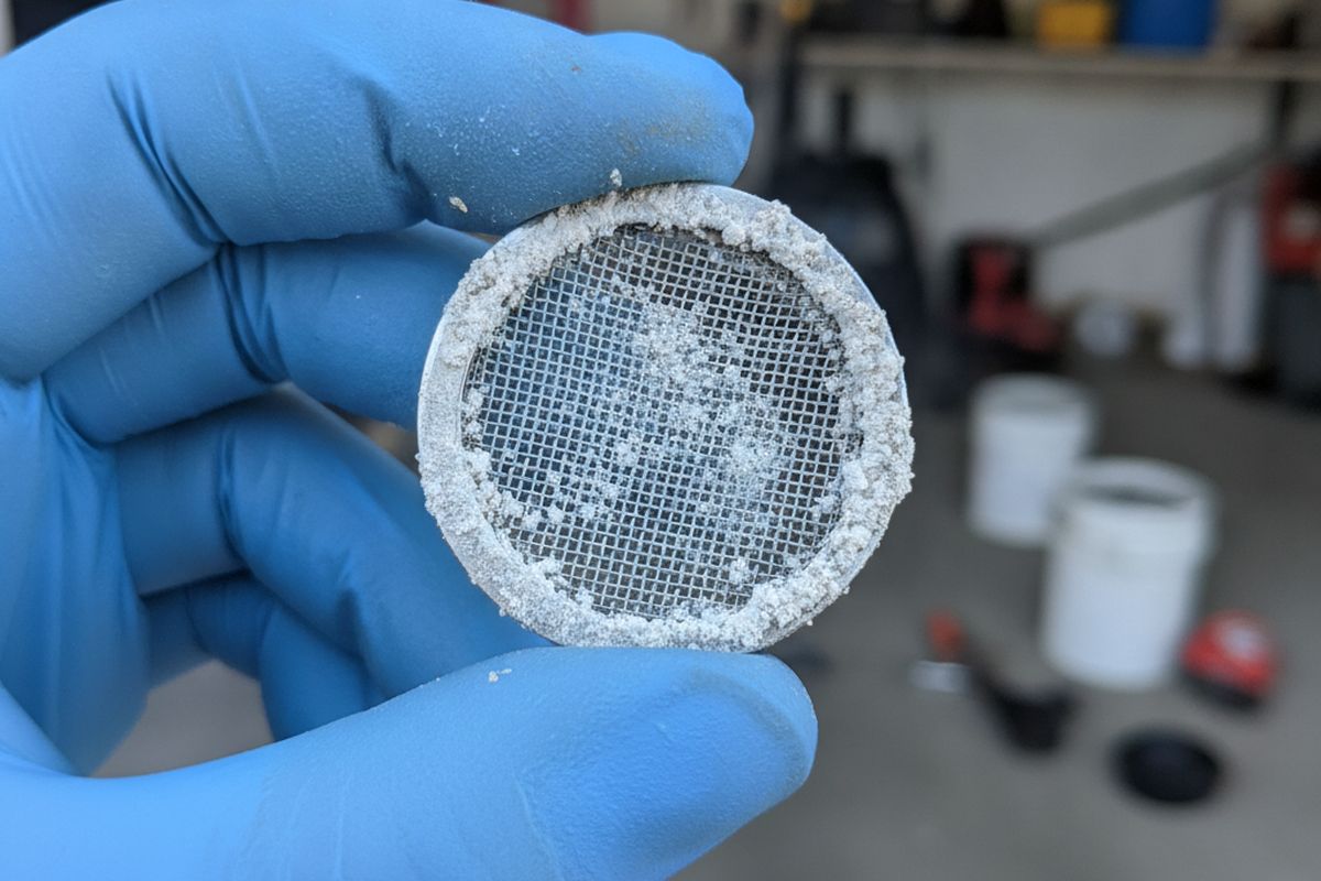 Close-up of a technician's hand holding a small inlet water filter screen with mineral debris removed from a tankless water heater