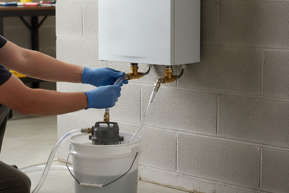 A plumber connecting a small pump and hoses to the service valves under a wall-mounted tankless water heater for descaling