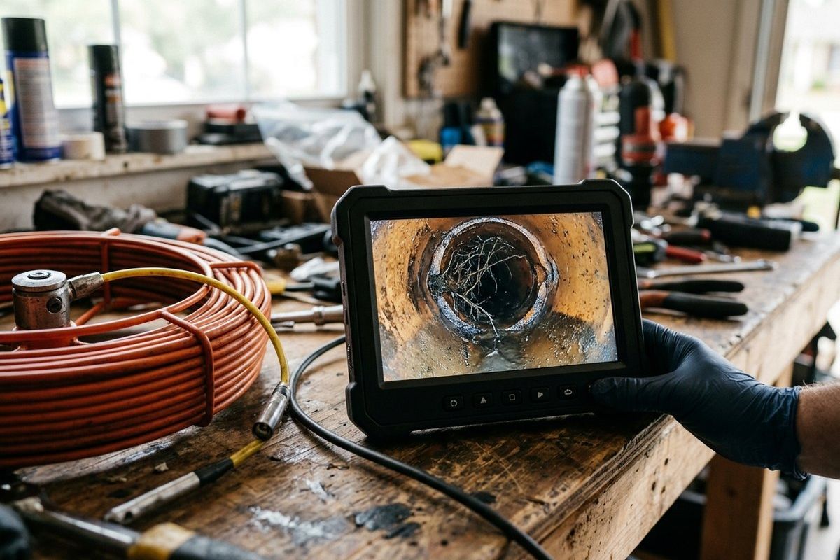 A sewer inspection camera monitor showing tree roots growing through a joint in an old clay sewer pipe