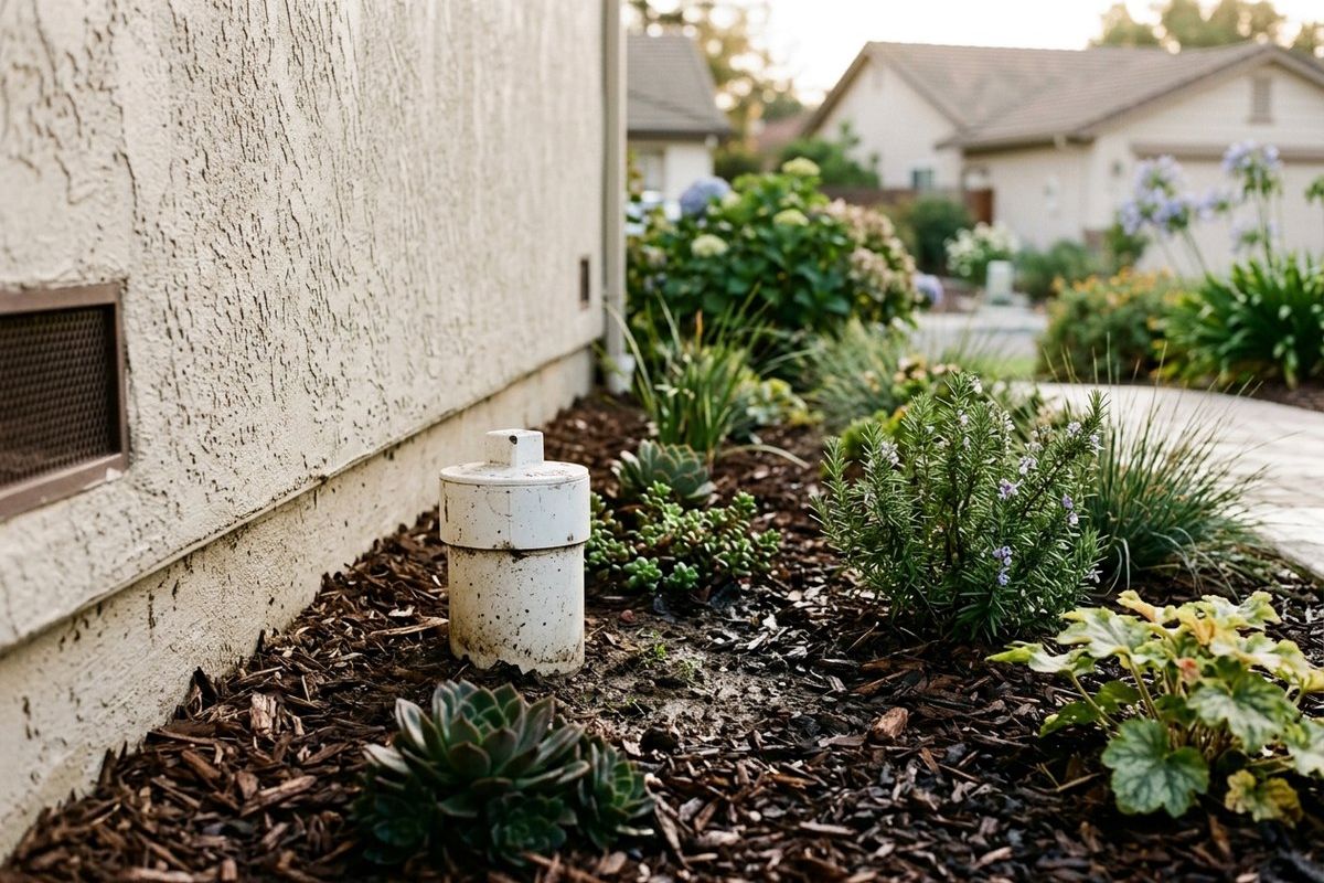 A white PVC sewer cleanout cap in a garden bed beside a stucco house wall
