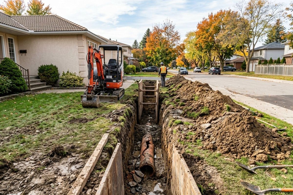 An open trench across a residential front yard exposing an old, corroded sewer pipe