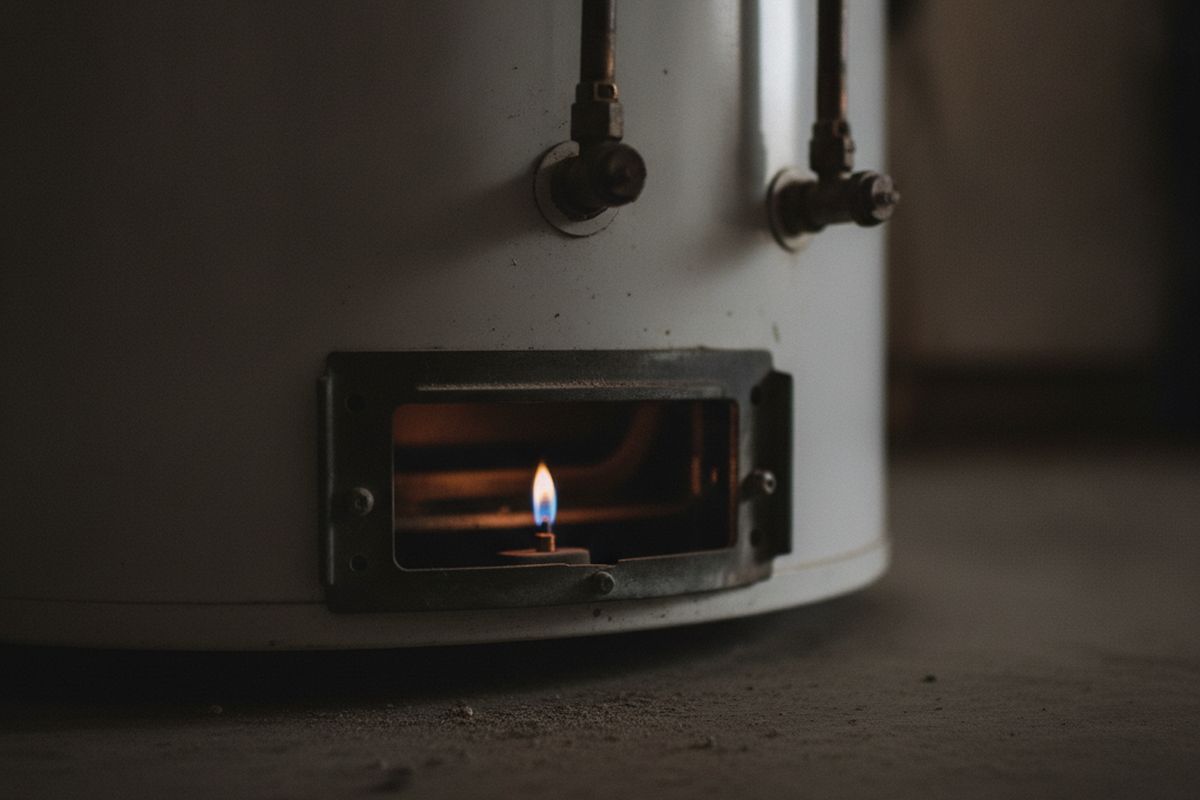 Close-up of a gas water heater burner access panel with a small blue pilot flame visible