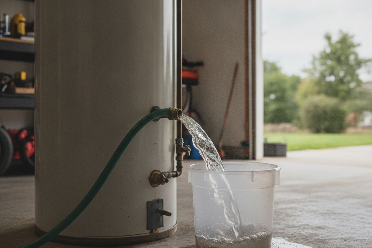 Sediment and mineral flakes draining from a water heater drain valve into a bucket