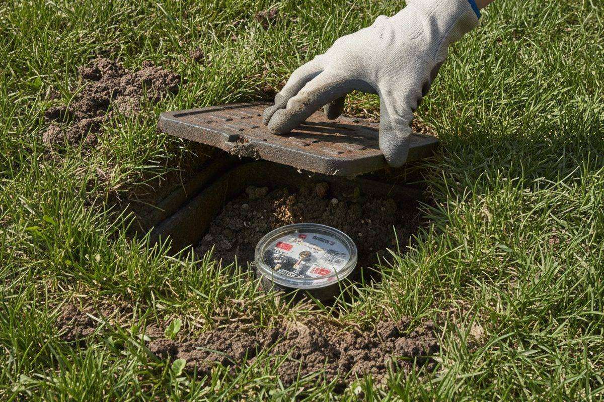 A homeowner's hand lifting the lid of a residential water meter box set into a front lawn, with the meter dial visible inside