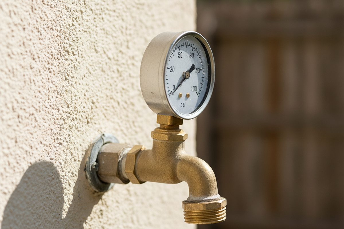 A residential water pressure gauge attached to an outdoor hose bib, the needle showing low pressure