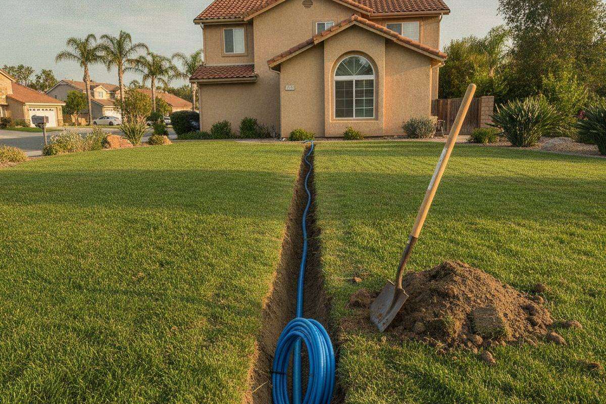 A trench across a residential front yard with a new blue plastic water service pipe laid in it, running toward the house