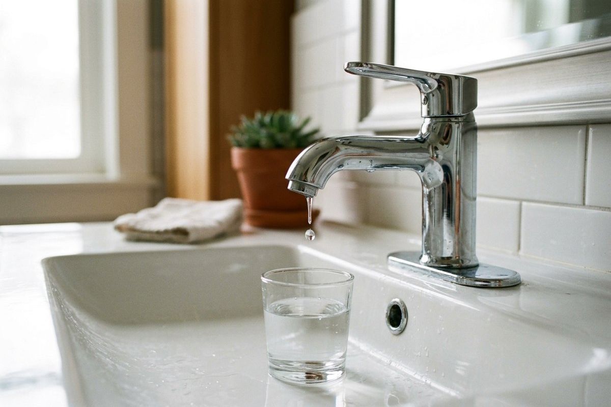 A slowly dripping chrome faucet over a white bathroom sink with a glass catching the drips