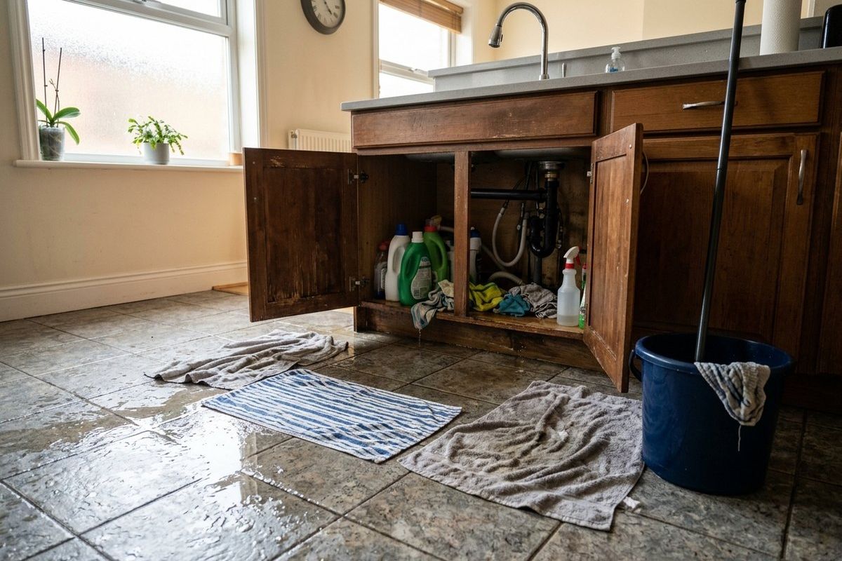 A kitchen floor with water spreading from under an open sink cabinet, towels laid down and a bucket beside it