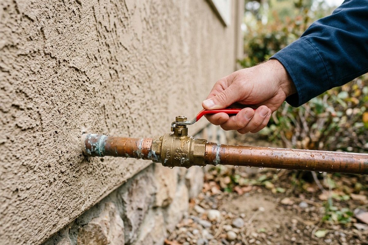 A hand turning a red-handled main water shut-off valve on a copper pipe beside a house wall