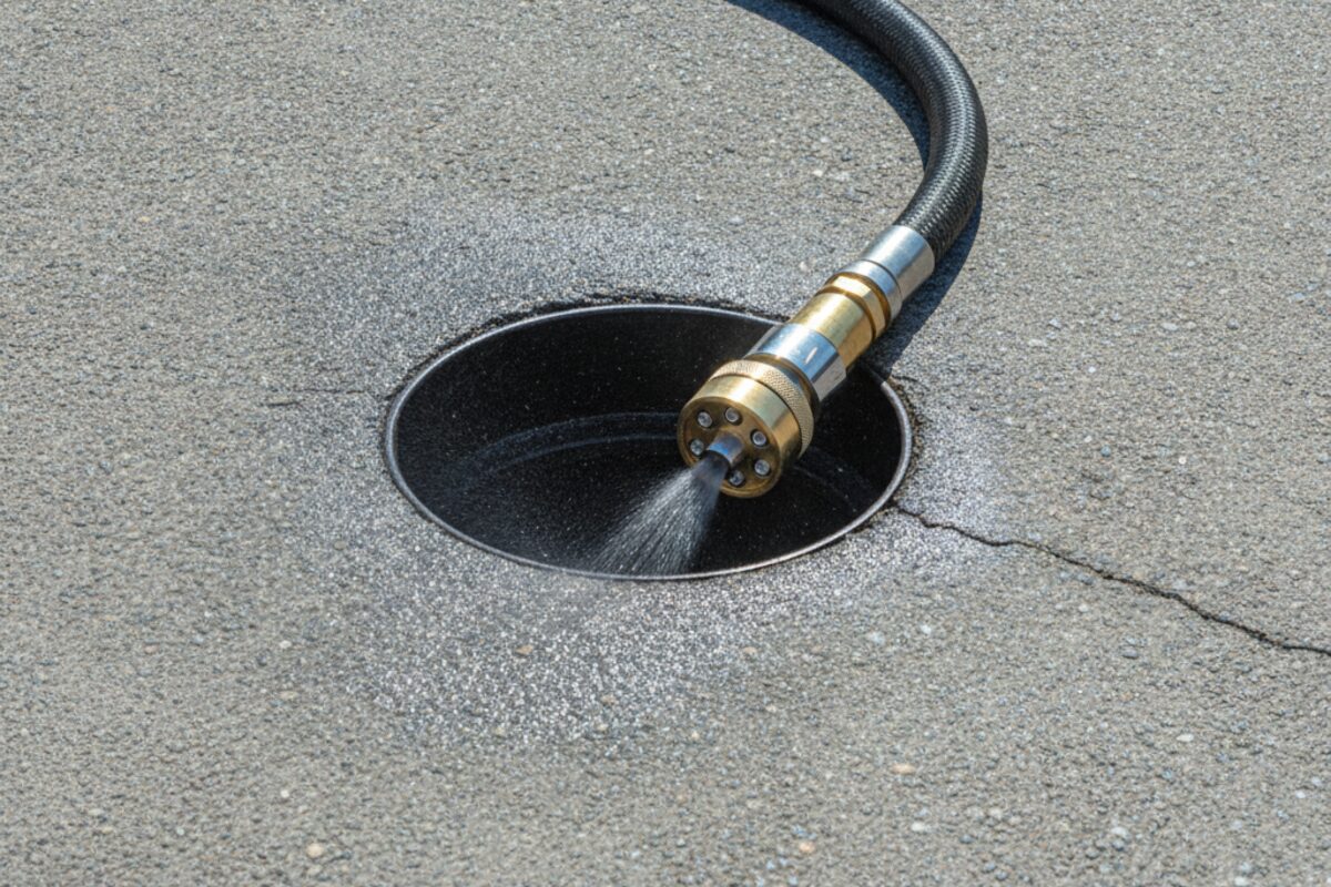High-pressure hydro jetting nozzle at the opening of a sewer cleanout pipe