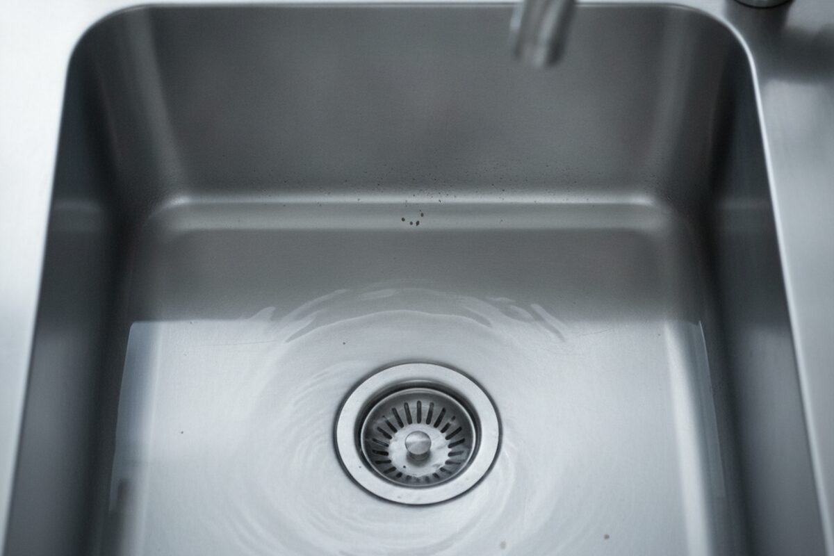 Water draining slowly in a kitchen sink basin